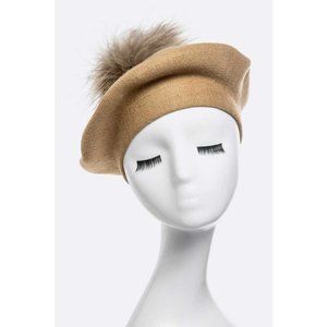 Genuine Fur Pom Cashmere Beret - Beige